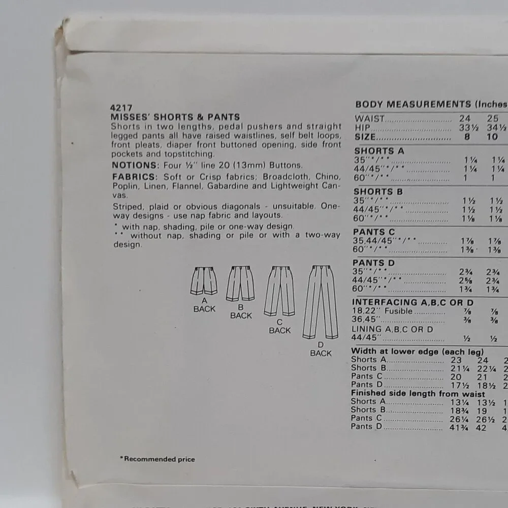 NEW Vintage Butterick Sewing Pattern 4217 Misses/Womens Shorts Pants Capris